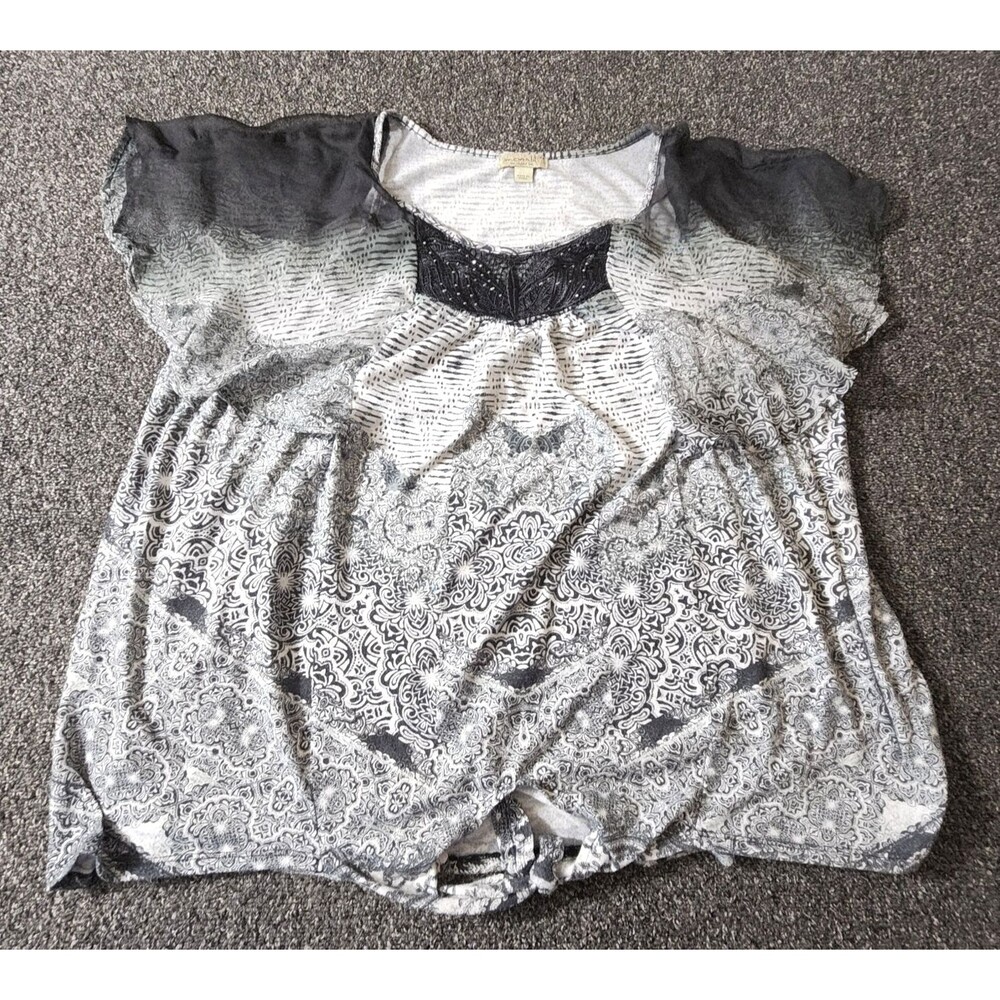 One World Blouse Top Women's 3X Geometric Tank Flutter Sheer Sleeve Beaded Neck